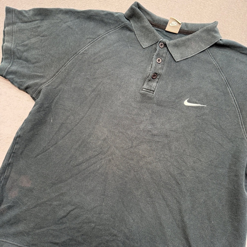 Y2K Nike Polo Shirt Men's XL Black Faded Silver Tab Short Sleeve Swoosh Cotton
